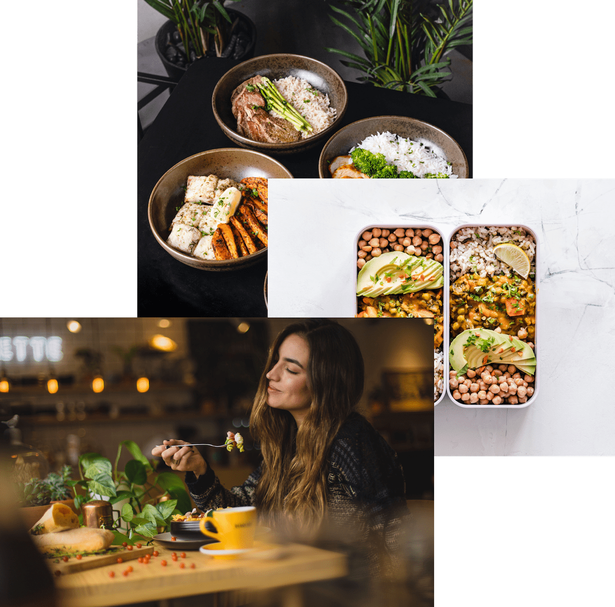 woman enjoying food, meals in storage container, food bowls on a table